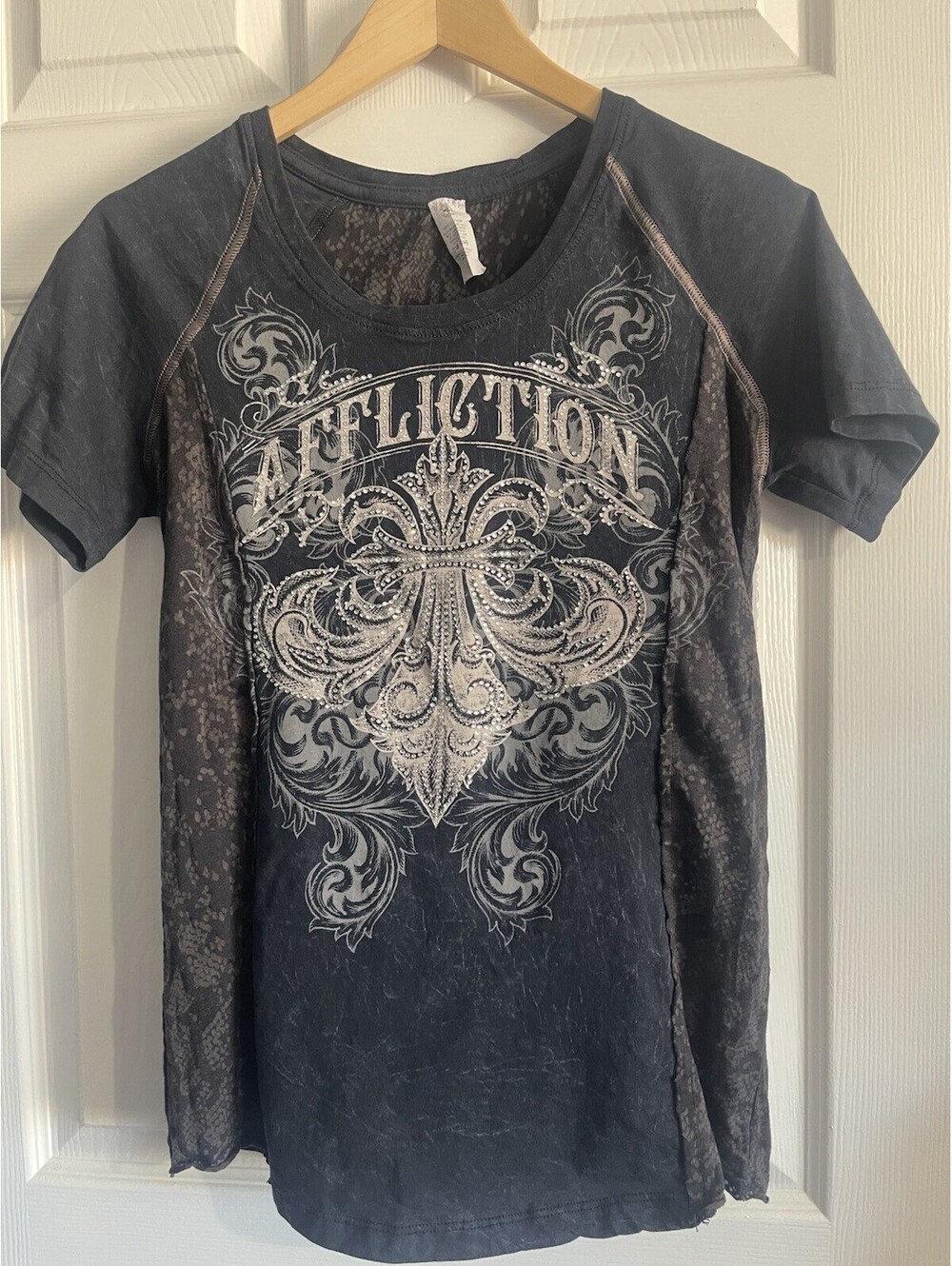 Affliction Women’s L Burnout Top Y2K Grunge Rhinestone Embellished Goth Cotton